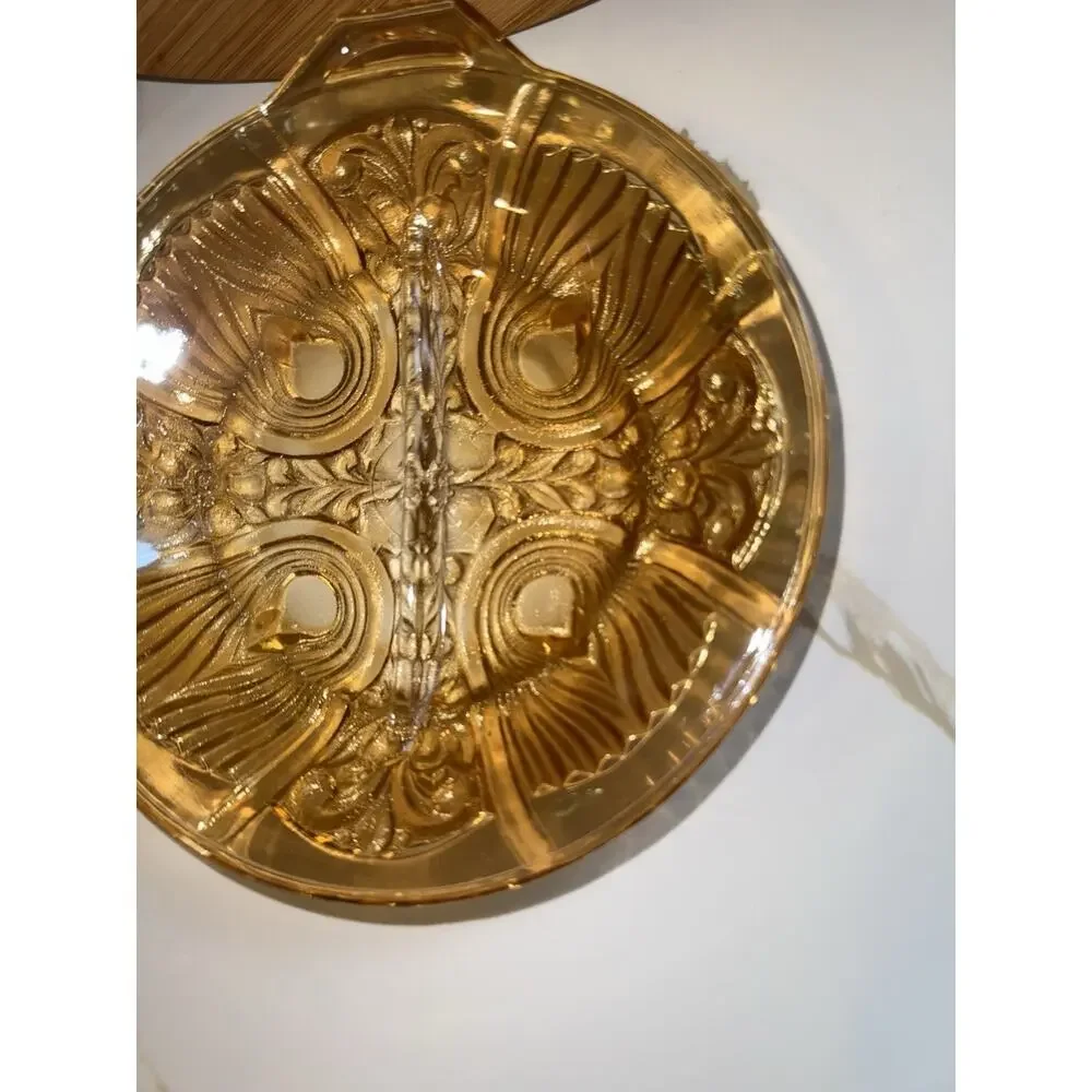 Vintage Indiana Glass Iridescent Amber Killarney Divided Relish Dish Handle